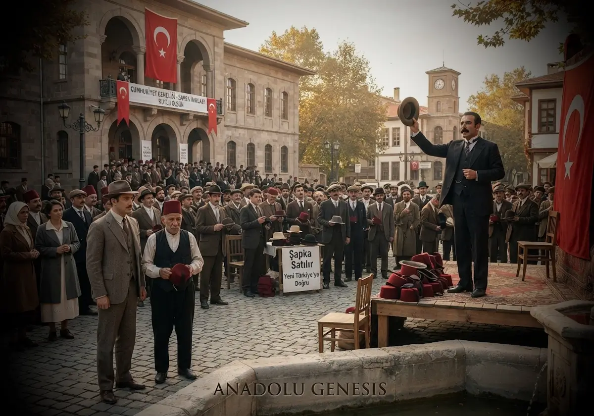 1925 Şapka Kanunu sonrasında erken Cumhuriyet döneminde kıyafet reformunu yansıtan tarihsel ve gerçekçi meydan sahnesi.