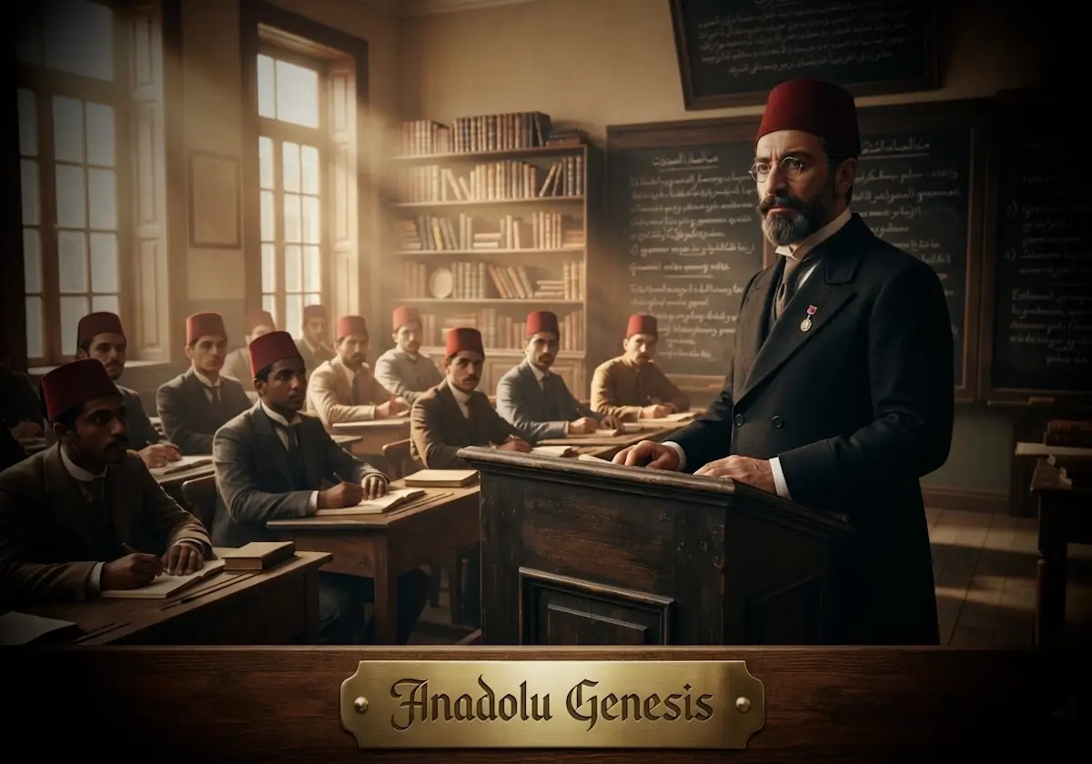 Satı Bey'in Osmanlı dönemindeki öğretmen okulunda modern pedagoji anlayışını temsil eden tarihsel atmosferi yansıtan gerçekçi tasviri.