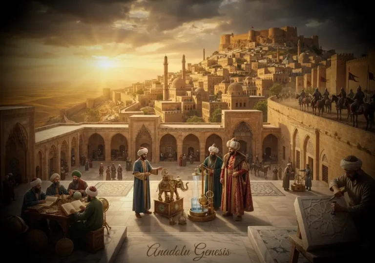 Artuklu döneminde Mardin'de bilim, mimari ve askeri yaşamın birlikte gelişimini gösteren tarihî ve gerçekçi sahne.