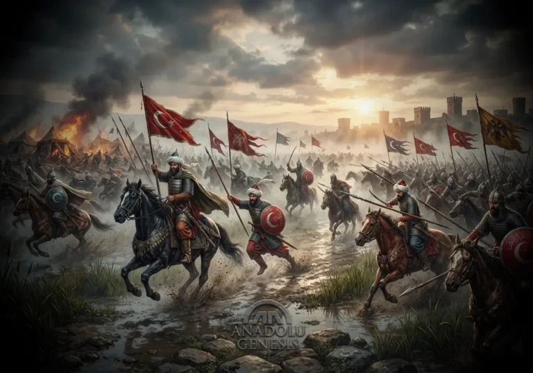 1363 Sazlıdere Muharebesi'nde Osmanlı kuvvetlerinin Edirne yakınlarında Balkan ittifakına karşı kazandığı tarihî zaferi betimleyen sahne.