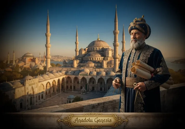 Sedefkar Mehmed Ağa'nın Sultanahmet Camii önünde tasvir edildiği tarihî ve gerçekçi Osmanlı mimarisi görseli.
