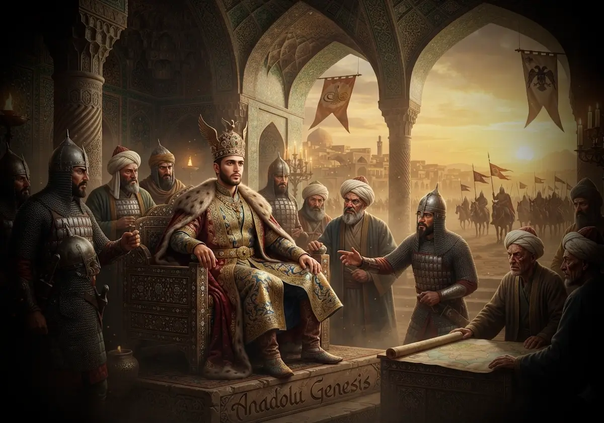 Büyük Selçuklu Sultanı Şehinşah'ın Melikşah sonrası taht mücadeleleri dönemindeki tarihî atmosferini yansıtan gerçekçi saray sahnesi.