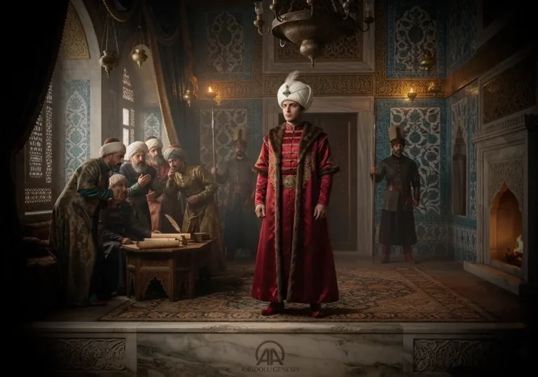 Topkapı Sarayı'nda Şehzade Mahmud'u ve III. Mehmed dönemindeki saray içi siyasi gerilimi betimleyen tarihî sahne.