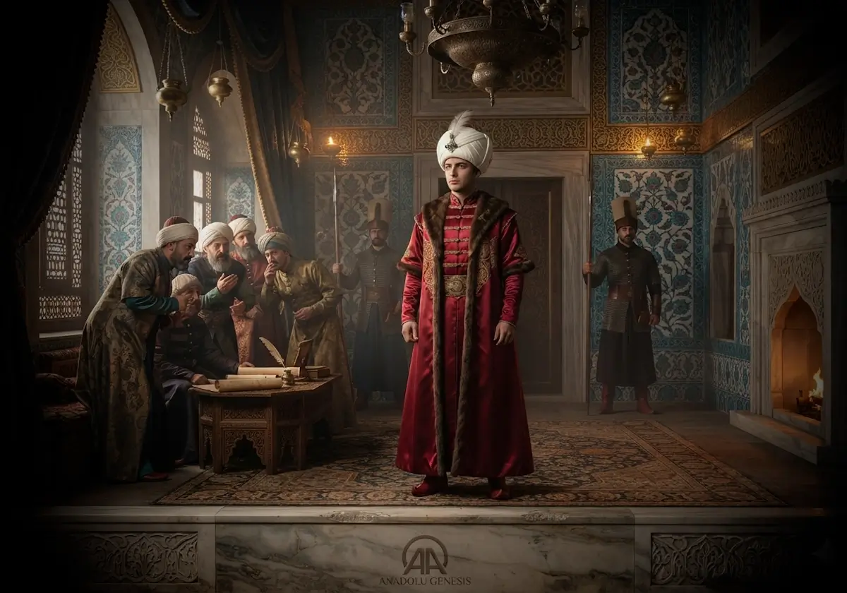 Topkapı Sarayı'nda Şehzade Mahmud'u ve III. Mehmed dönemindeki saray içi siyasi gerilimi betimleyen tarihî sahne.