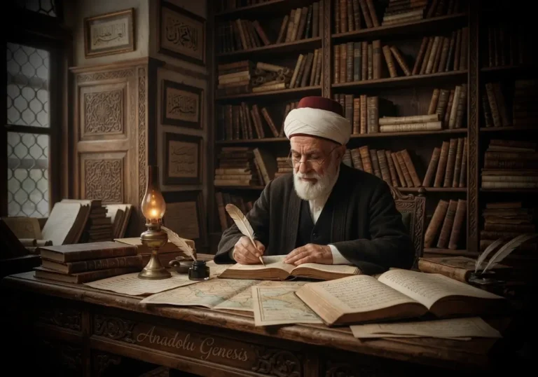 Şemsettin Sami'nin çalışma odasında sözlük ve ansiklopedi hazırlarken tasvir edildiği, Osmanlı entelektüel hayatını yansıtan tarihî sahne.
