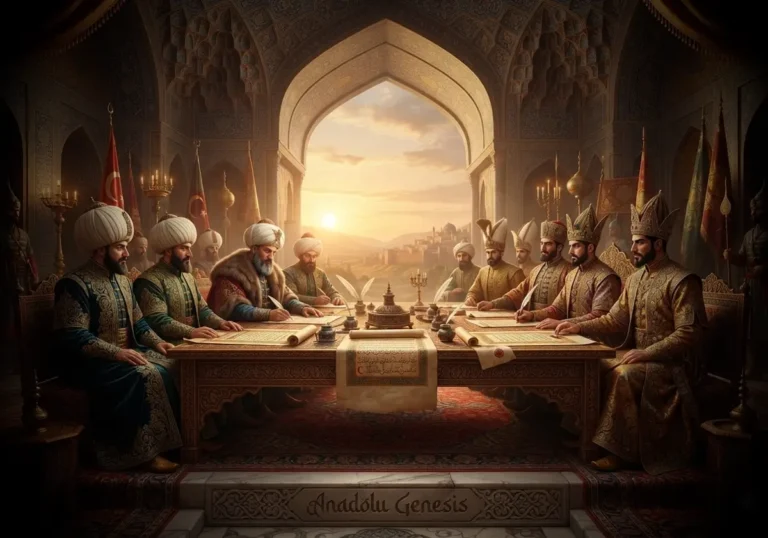 1618 Serav Antlaşması sırasında Osmanlı ve Safevî elçilerinin diplomatik görüşmesini tasvir eden tarihî sahne.