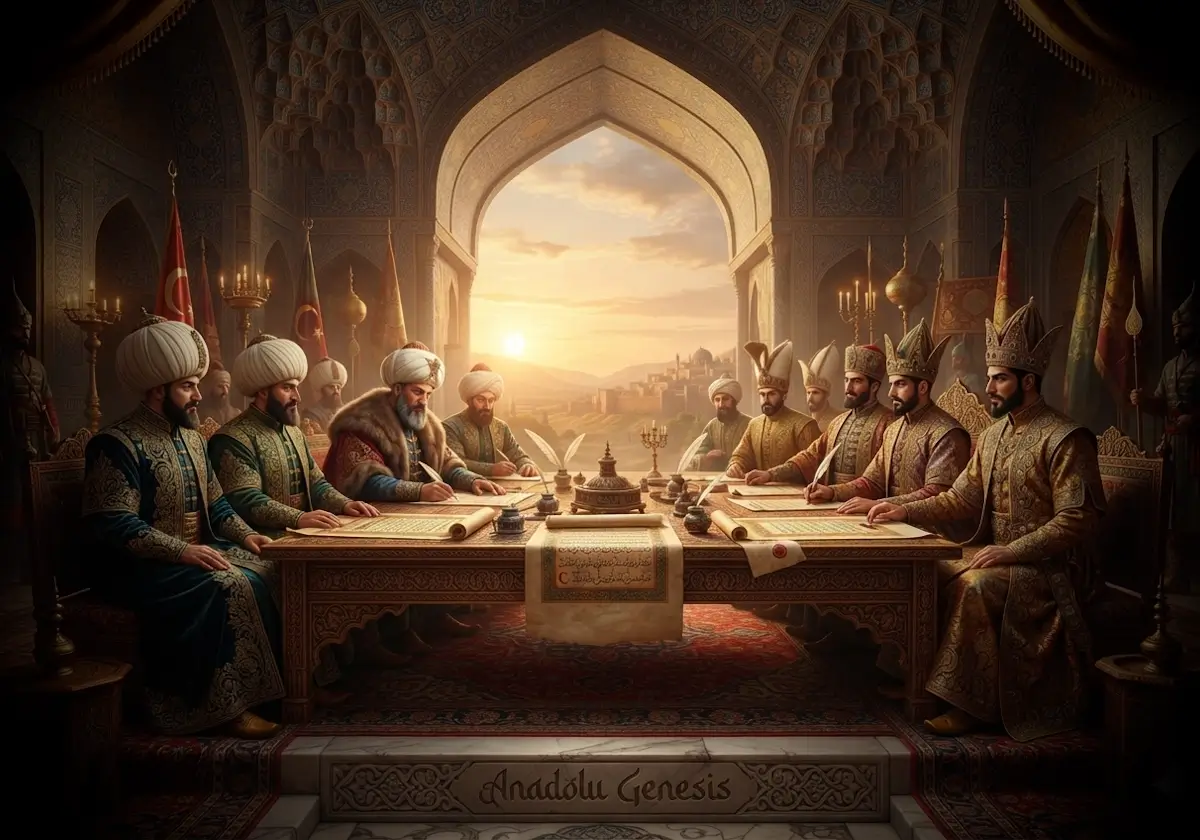 1618 Serav Antlaşması sırasında Osmanlı ve Safevî elçilerinin diplomatik görüşmesini tasvir eden tarihî sahne.