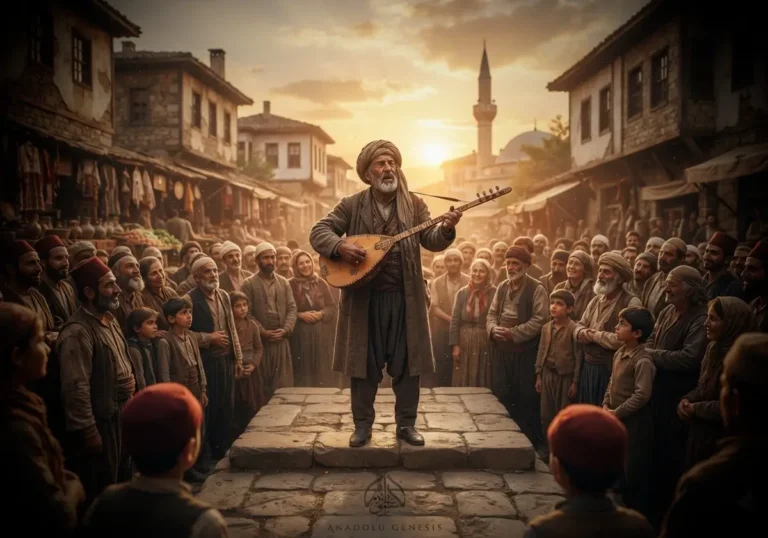 Kayseri Develi'de sazıyla şiir okuyan halk ozanı Seyrani'yi ve Osmanlı dönemi Anadolu yaşamını betimleyen tarihsel sahne.