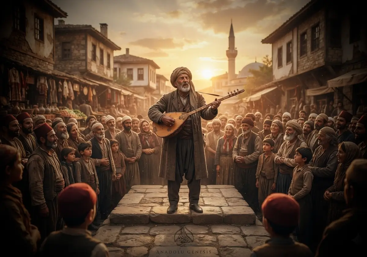 Kayseri Develi'de sazıyla şiir okuyan halk ozanı Seyrani'yi ve Osmanlı dönemi Anadolu yaşamını betimleyen tarihsel sahne.