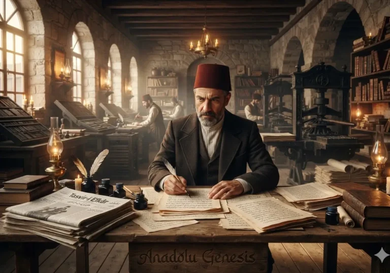 Tanzimat döneminde matbaada çalışan Şinasi'yi ve modern Türk edebiyatının doğuşunu tasvir eden tarihî atmosferli sahne.