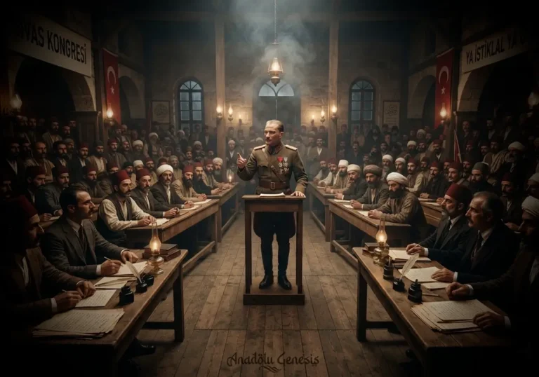 1919 Sivas Kongresi'nde delegelerin ulusal birlik kararlarını görüştüğü tarihî toplantıyı gösteren gerçekçi canlandırma.