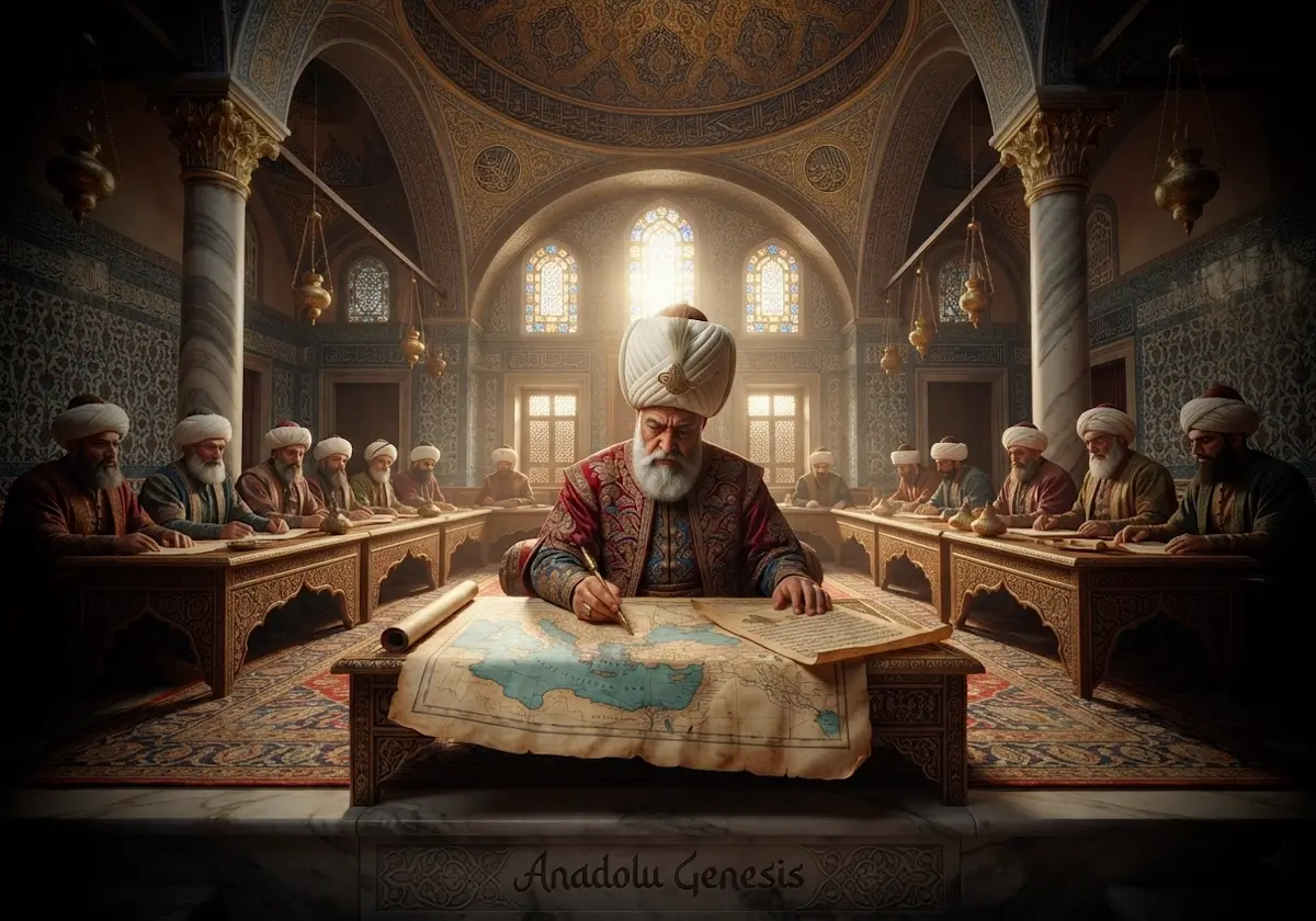 Sokullu Mehmed Paşa'nın Topkapı Sarayı Divan-ı Hümayun'da devlet işlerini yönettiğini tasvir eden tarihî ve gerçekçi sahne.