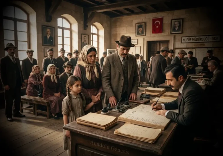 1934 Soyadı Kanunu kapsamında nüfus müdürlüğünde soyadı kaydı yaptıran vatandaşları tasvir eden tarihî Cumhuriyet dönemi sahnesi.