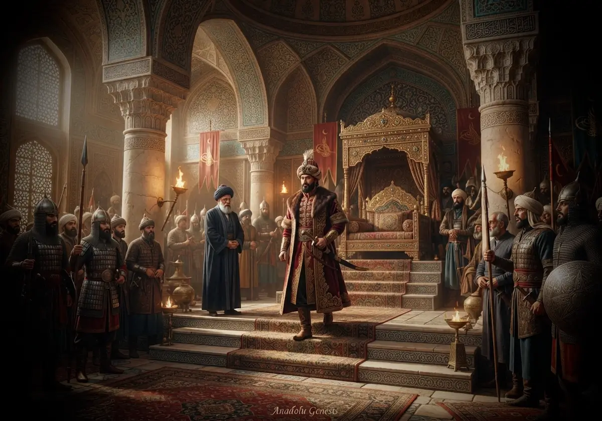 1063 yılında Büyük Selçuklu tahtına çıkan Sultan Alp Arslan'ın tarihî saray ortamında emîrler ve devlet adamlarıyla tasvir edildiği gerçekçi sahne.