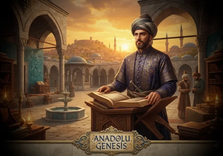 13. yüzyıl Konya'sında Sultan Veled'i ve Mevleviliğin kurumsallaşma sürecini tasvir eden tarihsel illüstrasyon.