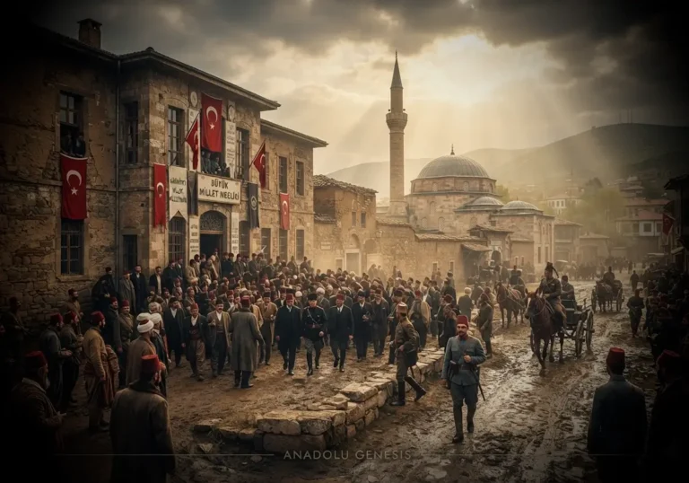 23 Nisan 1920'de Ankara'da açılan ilk Türkiye Büyük Millet Meclisi binası önünde toplanan milletvekillerini gösteren tarihî sahne.