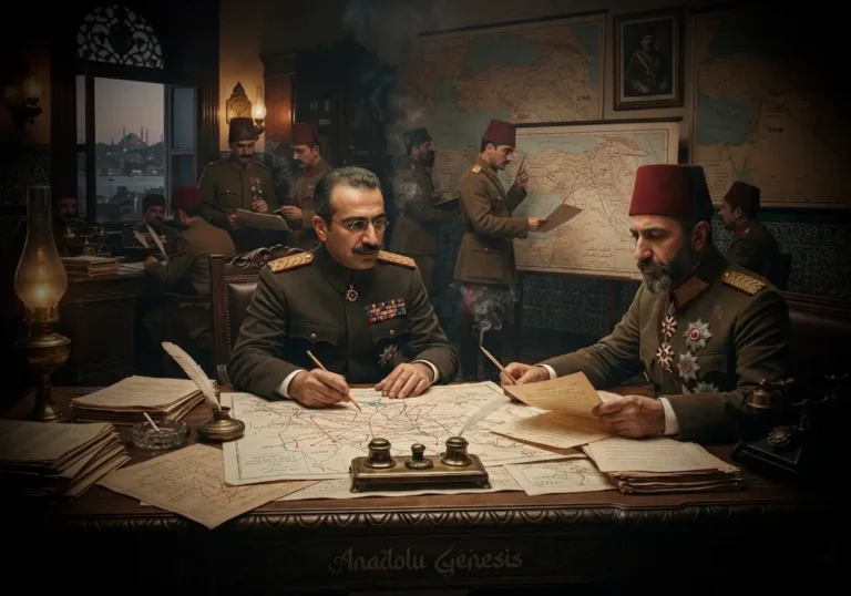 Talat ve Cemal Paşa'nın Osmanlı Devleti'nin son döneminde kritik kararları değerlendirdiği tarihsel yönetim sahnesini betimleyen görsel.
