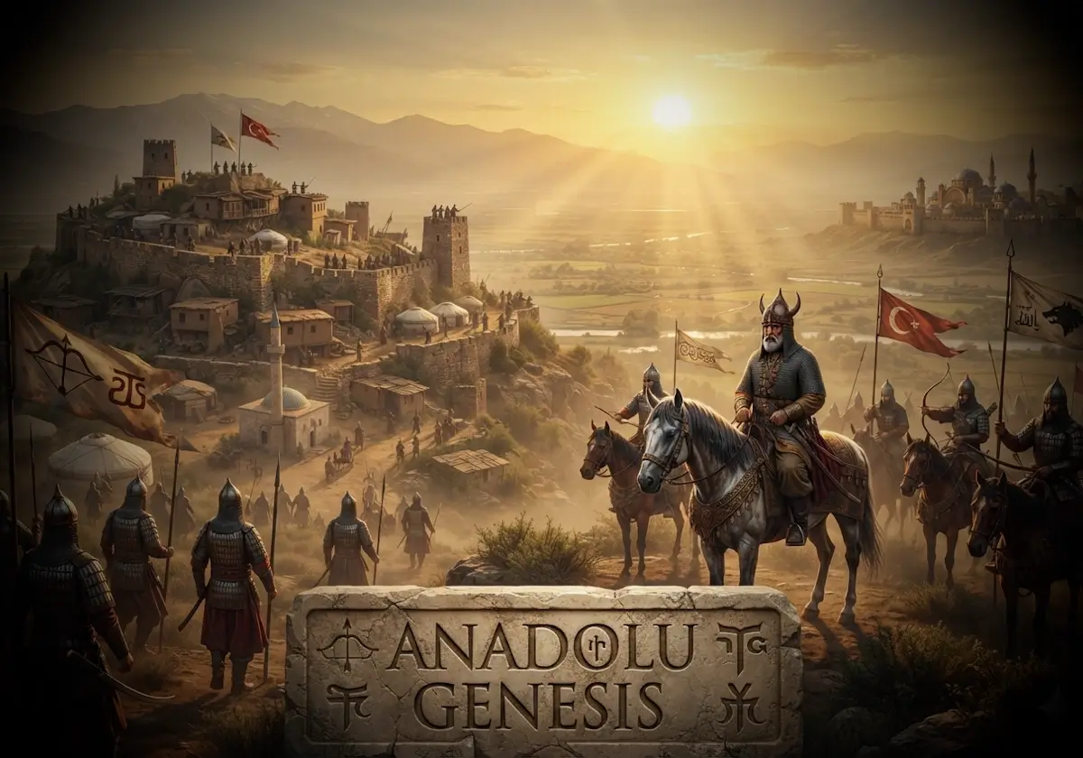 Tanrıvermiş Beyliği'ni temsil eden Batı Anadolu'daki sınır yerleşimi, Türkmen savaşçıları ve Bizans sınırını gösteren tarihsel sahne.