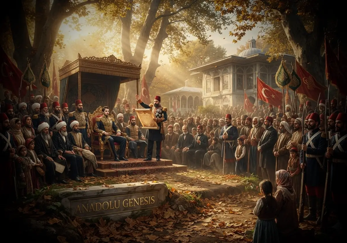 1839 yılında Gülhane Bahçesi'nde ilan edilen Tanzimat Fermanı'nın Osmanlı devlet adamları ve halk önündeki tarihî canlandırması.