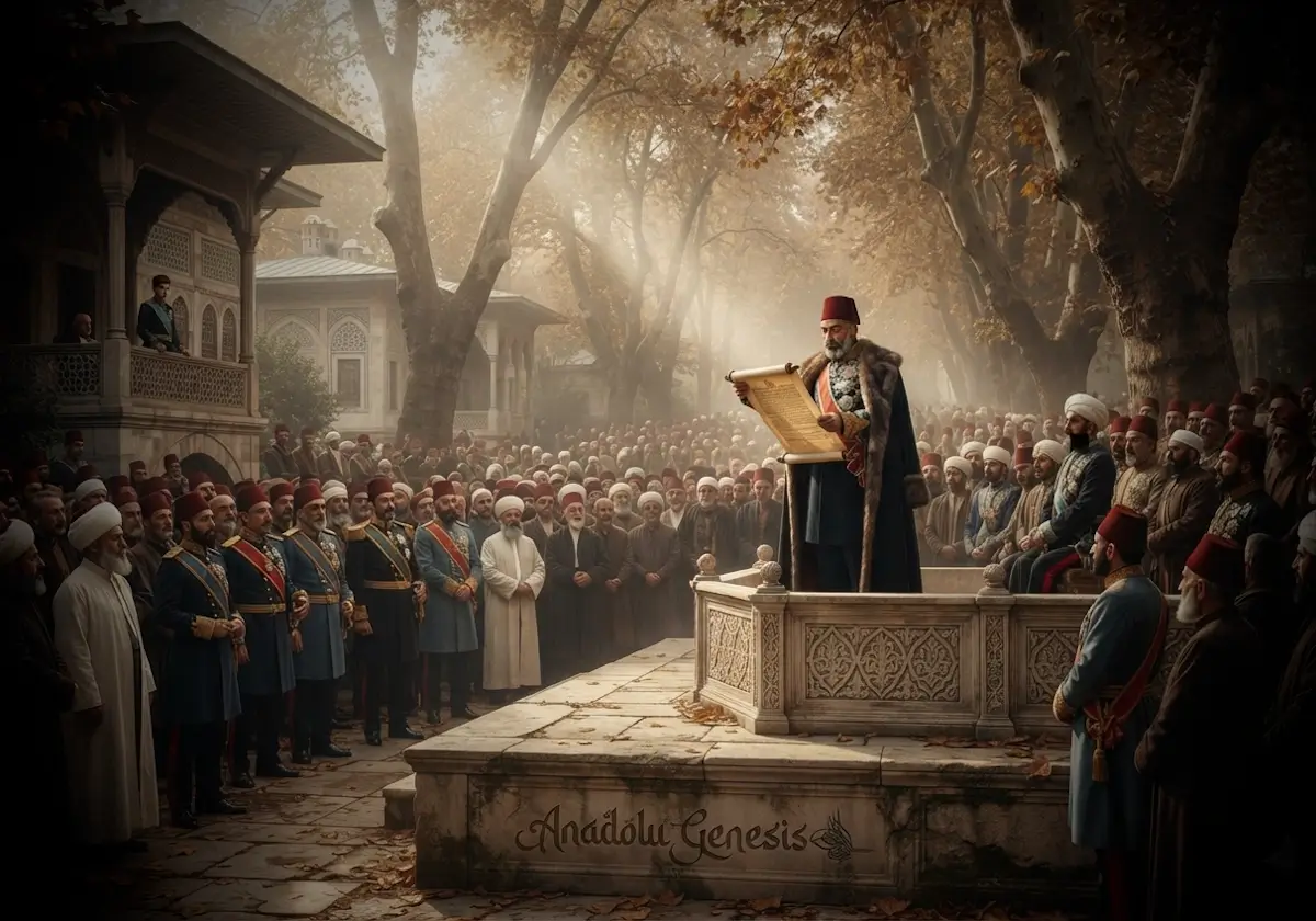 1839 Gülhane'de ilan edilen Tanzimat Fermanı'nın tarihî atmosferini ve Osmanlı modernleşmesini gösteren detaylı sahne.