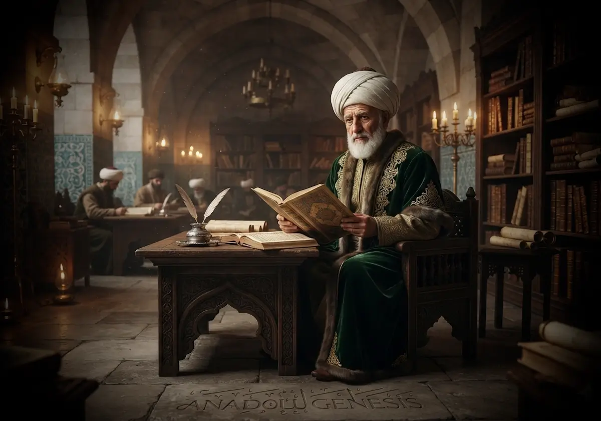 XVI. yüzyıl Osmanlı âlimi Taşköprülüzade Ahmed Efendi'nin medrese kütüphanesinde bilim tarihi çalışmalarıyla tasvir edildiği tarihî sahne.