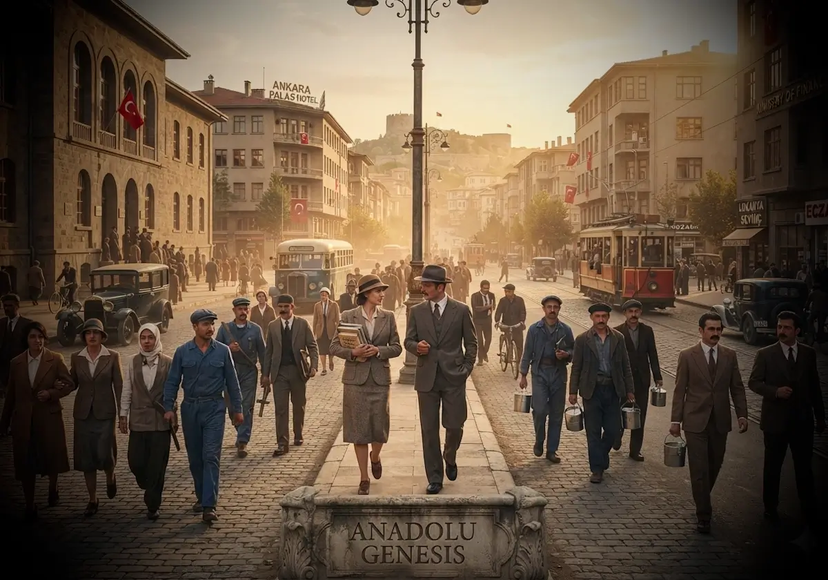 1930'lu yıllarda Ankara'da Tek Parti Dönemi reformlarını ve erken Cumhuriyet atmosferini yansıtan tarihsel sahne.
