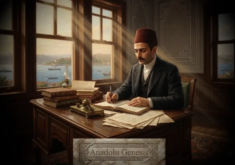 Tevfik Fikret'in Aşiyan'da çalışma masasındaki tasviri, Servet-i Fünun dönemi edebiyatını yansıtan tarihsel atmosferi betimlemektedir.
