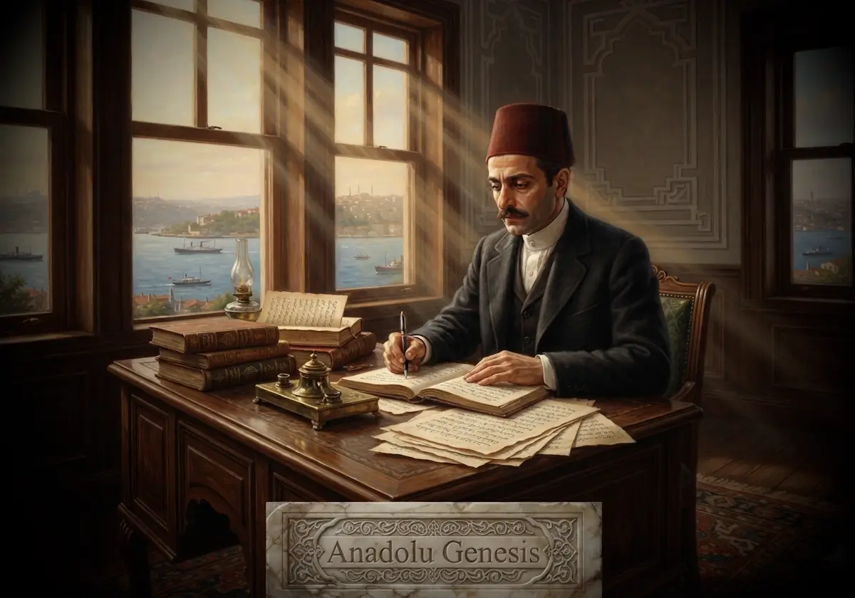 Tevfik Fikret'in Aşiyan'da çalışma masasındaki tasviri, Servet-i Fünun dönemi edebiyatını yansıtan tarihsel atmosferi betimlemektedir.