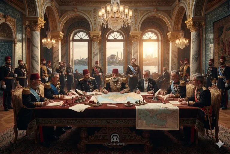 1886 Tophane Antlaşması görüşmelerini temsil eden Osmanlı ve Avrupalı diplomatların İstanbul'daki tarihî müzakeresini gösteren görsel.