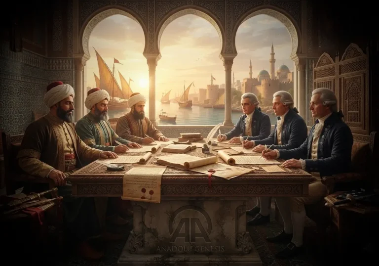 1795 Trablus Antlaşması görüşmelerini, Osmanlı yetkilileri ve Amerikan temsilcilerini Akdeniz limanı fonunda gösteren tarihsel sahne.