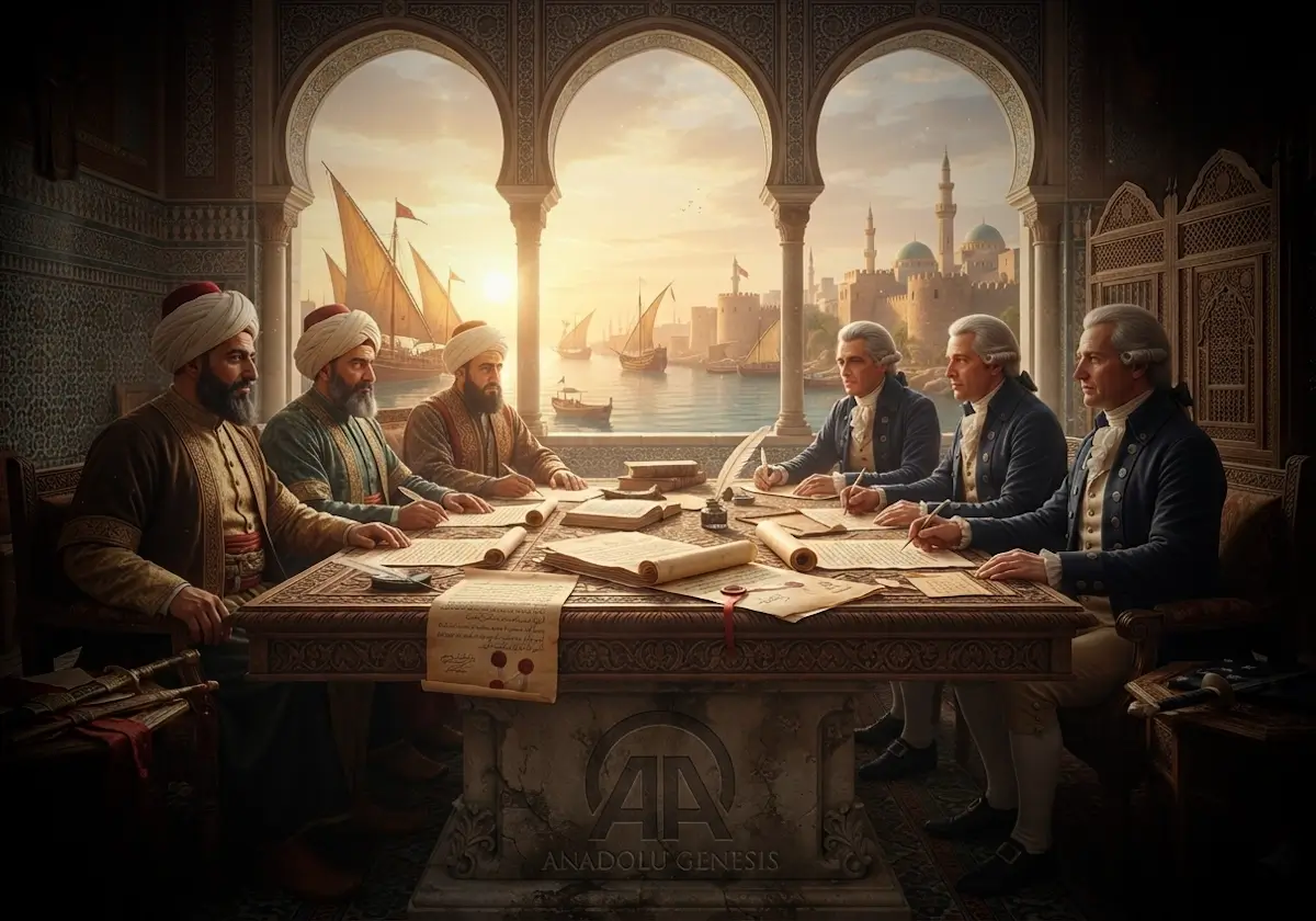 1795 Trablus Antlaşması görüşmelerini, Osmanlı yetkilileri ve Amerikan temsilcilerini Akdeniz limanı fonunda gösteren tarihsel sahne.