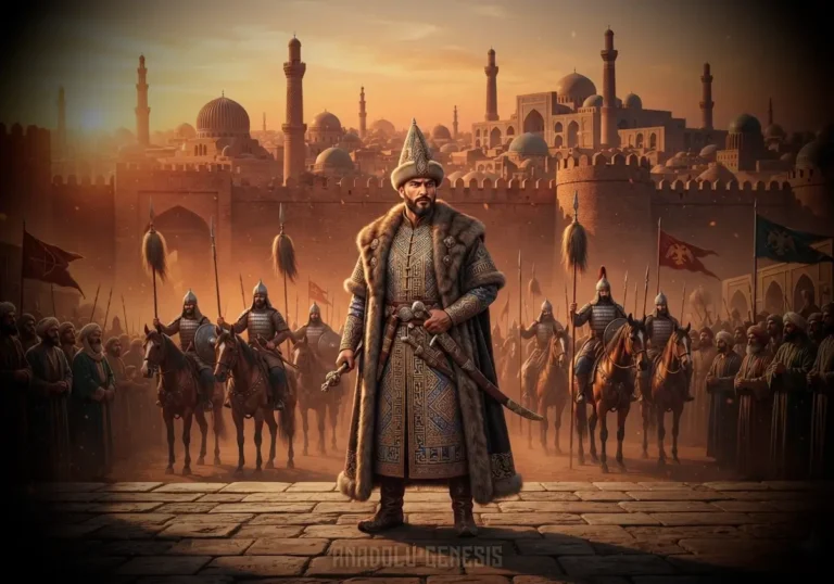 Tuğrul Bey'in 1055 yılında Bağdat'a girişini betimleyen tarihsel sahne; Büyük Selçuklu Devleti'nin yükselişini yansıtan gerçekçi görsel.