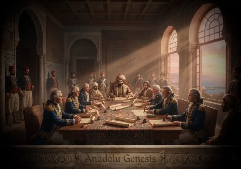 1797 Tunus Antlaşması görüşmelerini ve Fransız etkisini Osmanlı Tunusu'nun diplomatik atmosferinde betimleyen tarihsel sahne.