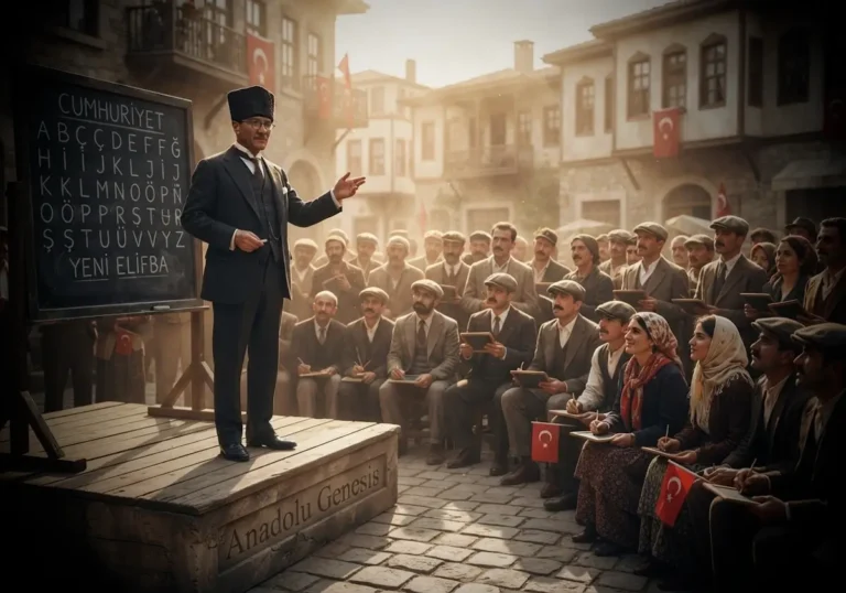1928 Harf İnkılâbı sırasında yeni Türk alfabesinin halka tanıtıldığı eğitim çalışmasını betimleyen tarihsel ve SEO uyumlu görsel.