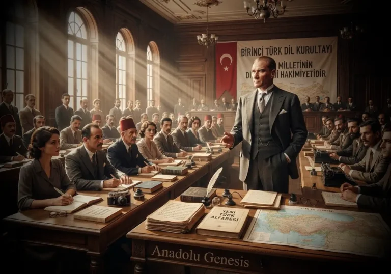 1932 yılında gerçekleştirilen Türk Dil Kurultayı'nı ve Cumhuriyet dönemindeki Türk Dil Kurumunun dil reformu çalışmalarını betimleyen tarihsel sahne.