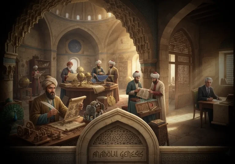 El Cezeri'den Cahit Arf'a uzanan Türk bilim insanları ve mühendislerini tarihsel atmosferde betimleyen bilim mirası görseli.