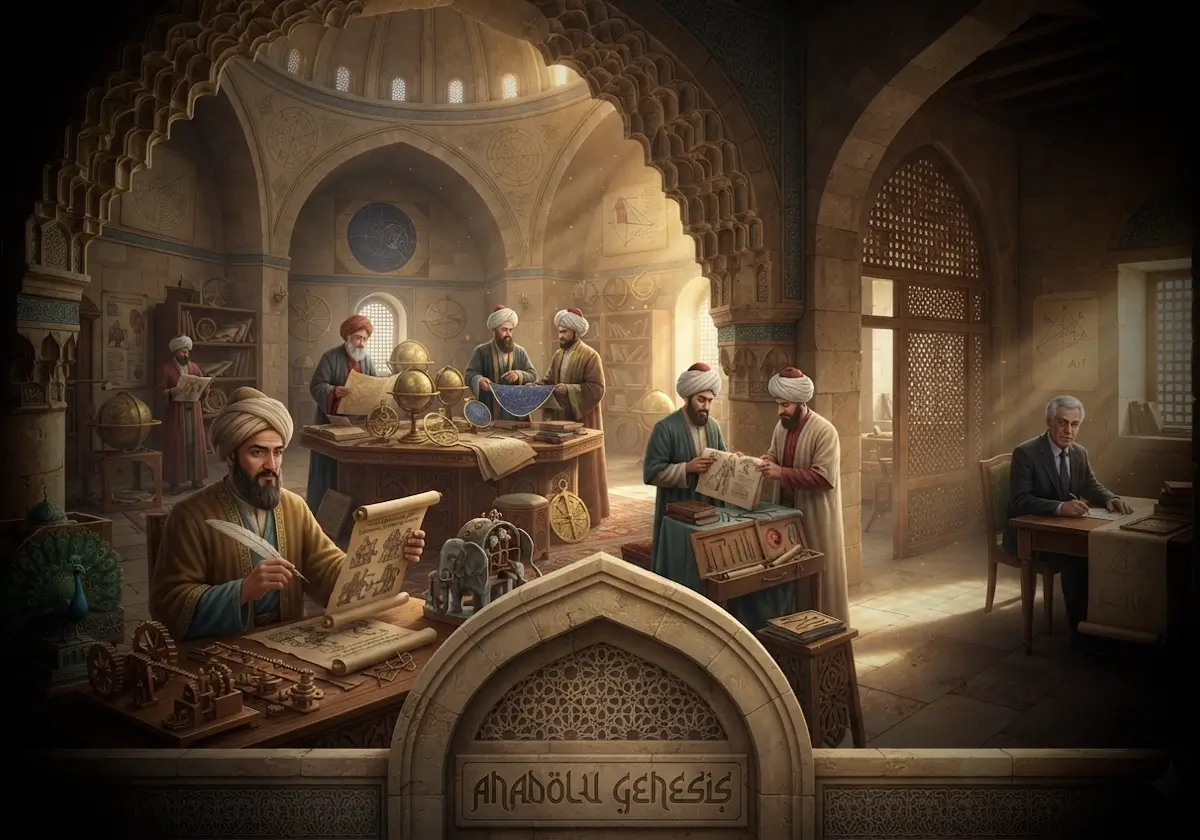 El Cezeri'den Cahit Arf'a uzanan Türk bilim insanları ve mühendislerini tarihsel atmosferde betimleyen bilim mirası görseli.