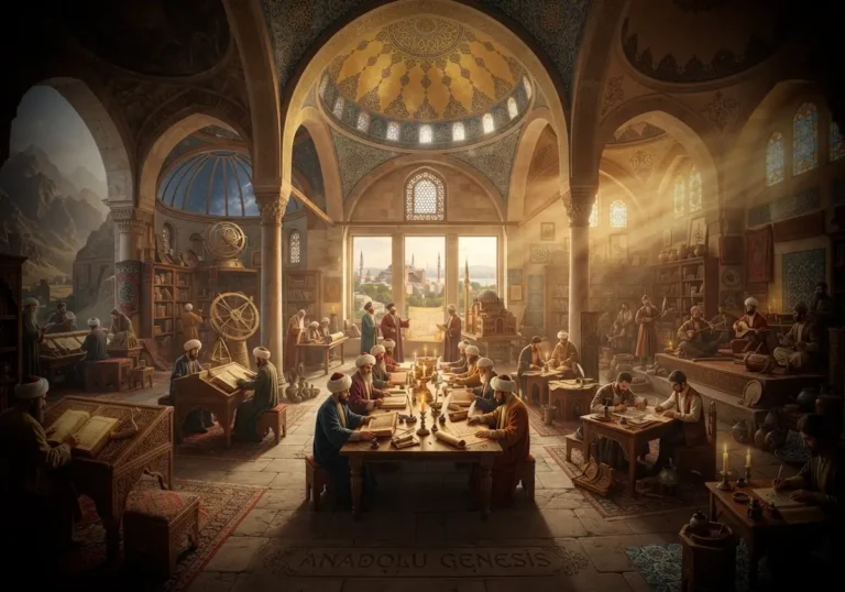 Türk düşünürleri, sanatçıları ve bilim insanlarını temsil eden tarihî kütüphane, rasathane ve sanat atölyelerini betimleyen görsel.