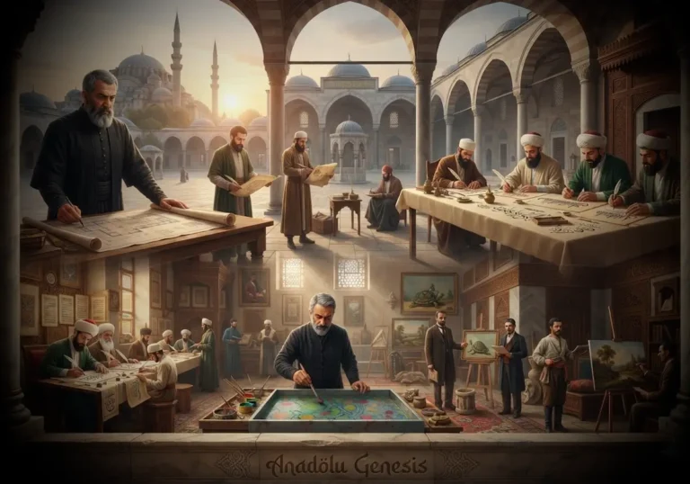 Türk mimarları, hattatlar ve ressamlarının Osmanlı mimarisi ile geleneksel sanatları birlikte yansıttığı tarihî kompozisyon.