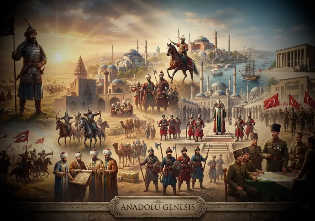 Orta Asya'dan Cumhuriyet'e uzanan Türk tarihi boyunca devlet kuran sultanları, beyleri, komutanları ve liderleri gösteren tarihsel kompozisyon.