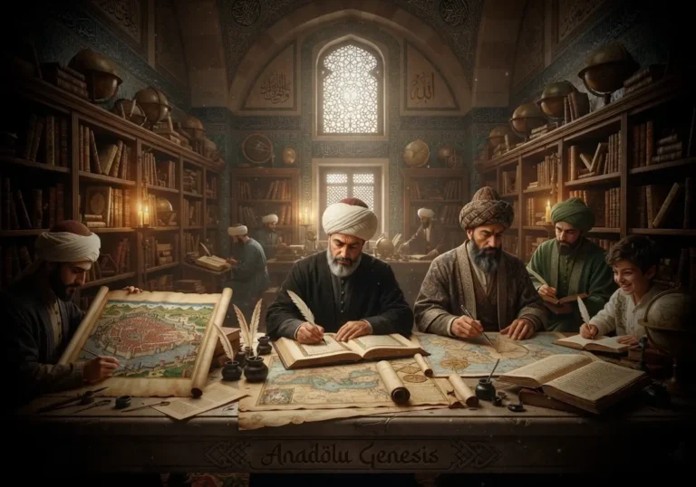 Osmanlı tarihçileri, haritacılar ve coğrafya bilginlerini tarihî el yazmaları, haritalar ve kroniklerle betimleyen sahne.