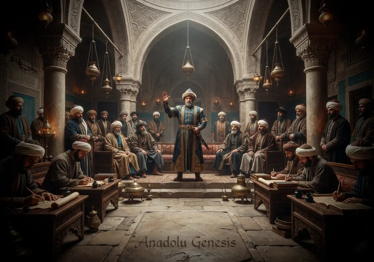 Karamanoğlu Mehmed Bey döneminde Anadolu'da Türkçenin resmî dil olarak öne çıkışını betimleyen tarihî divan sahnesi.