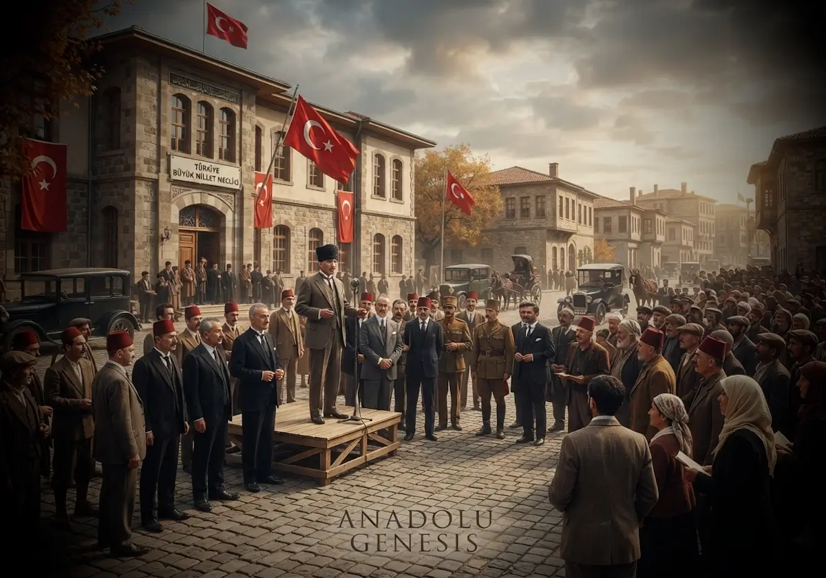 Cumhuriyet'in ilk yıllarında Ankara'da siyasi dönüşümü ve tek parti dönemini yansıtan tarihsel atmosferi betimleyen görsel.