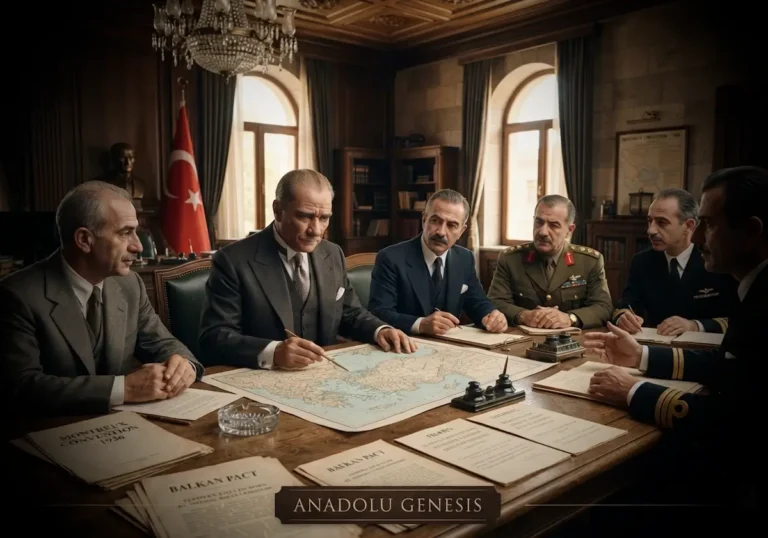 1930'lu yıllarda Cumhuriyet yönetiminin uluslararası diplomasi görüşmelerini temsil eden tarihî bir sahne.