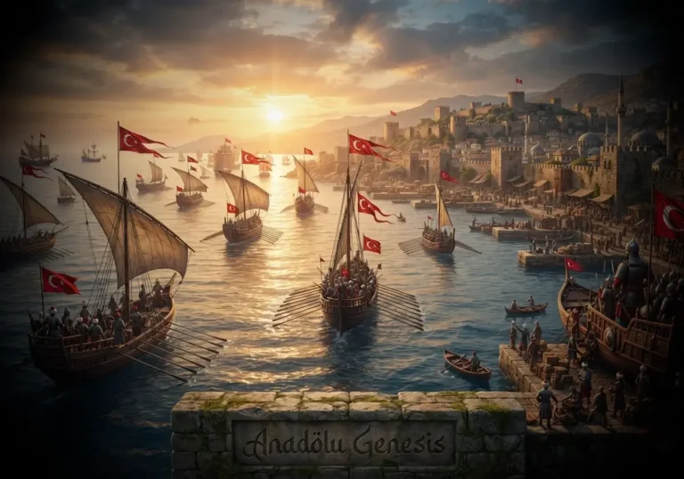 Umur Bey döneminde Aydınoğulları donanmasının İzmir Limanı'ndan Akdeniz'e açılışını gösteren tarihî ve gerçekçi tasvir.