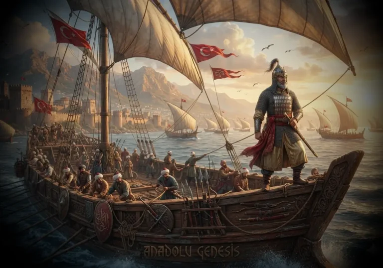 Umur Bey komutasındaki Aydınoğulları donanmasının Orta Çağ'da İzmir açıklarında Ege Denizi'nde ilerleyişini gösteren tarihî canlandırma.
