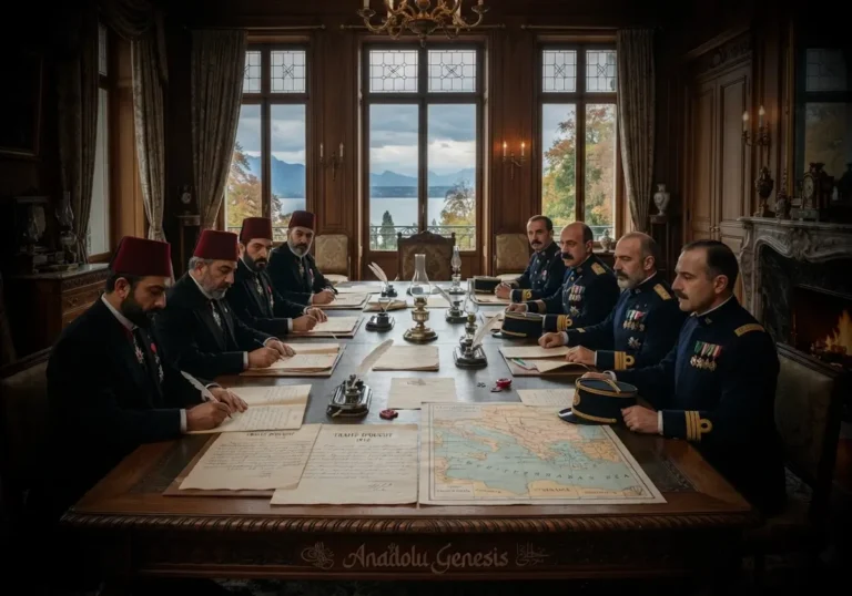 Uşi Antlaşması'nın 1912 yılında İsviçre'de imzalanmasını tasvir eden tarihî sahne; Osmanlı ve İtalyan heyetleri diplomasi masasında.