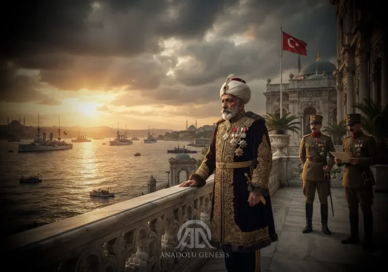 V. Mehmed Reşad'ın I. Dünya Savaşı döneminde Dolmabahçe Sarayı'nda tasvir edildiği tarihî atmosferi yansıtan gerçekçi sahne.