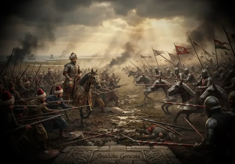 1444 Varna Savaşı'nda II. Murad komutasındaki Osmanlı ordusu ile Haçlı kuvvetlerinin Karadeniz kıyısındaki tarihî meydan muharebesini gösteren gerçekçi sahne.
