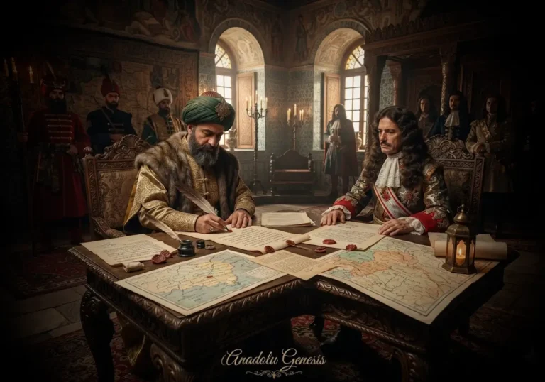 1664 Vasvar Antlaşması'nın imzalanmasını tasvir eden tarihî sahnede Osmanlı ve Avusturyalı elçiler diplomatik müzakereler yürütüyor.